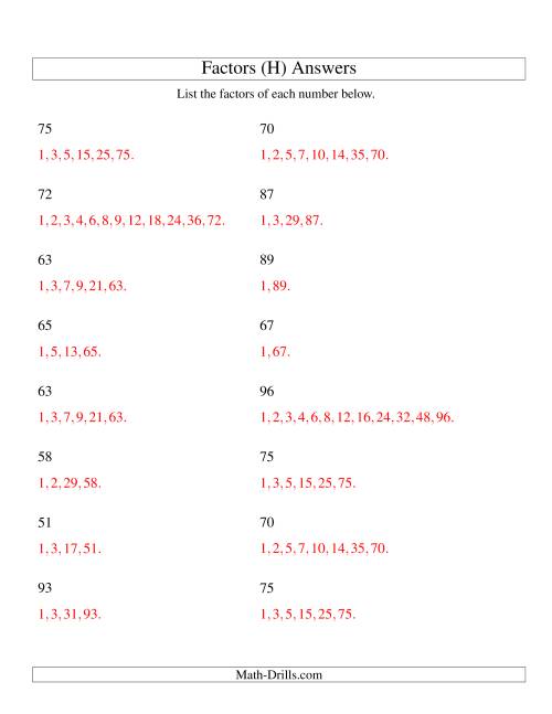 The Finding All Factors of a Number (range 50 to 100) (H) Math Worksheet Page 2