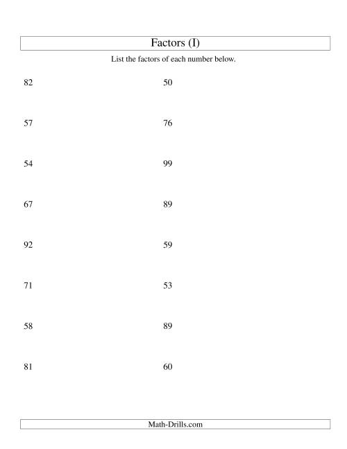 The Finding All Factors of a Number (range 50 to 100) (I) Math Worksheet