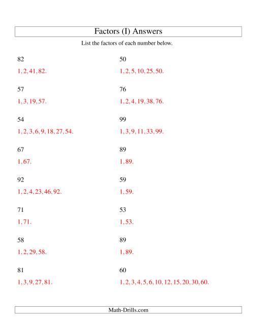 The Finding All Factors of a Number (range 50 to 100) (I) Math Worksheet Page 2