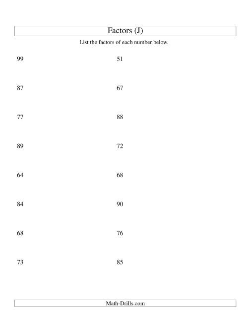 The Finding All Factors of a Number (range 50 to 100) (J) Math Worksheet