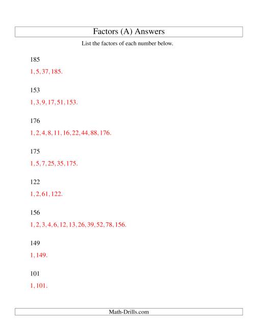 The Finding All Factors of a Number (range 100 to 200) (A) Math Worksheet Page 2