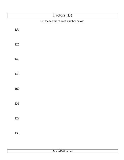 The Finding All Factors of a Number (range 100 to 200) (B) Math Worksheet