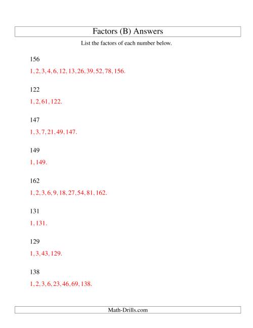 The Finding All Factors of a Number (range 100 to 200) (B) Math Worksheet Page 2