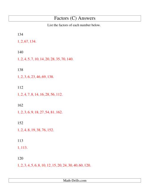The Finding All Factors of a Number (range 100 to 200) (C) Math Worksheet Page 2