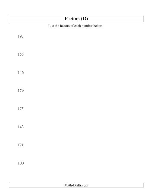 The Finding All Factors of a Number (range 100 to 200) (D) Math Worksheet