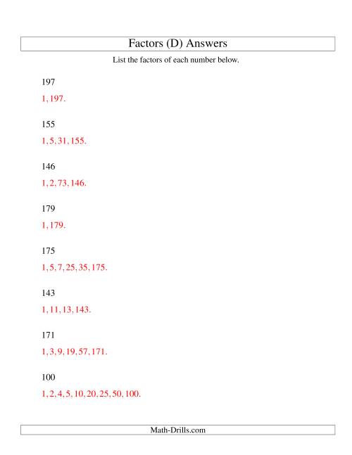 The Finding All Factors of a Number (range 100 to 200) (D) Math Worksheet Page 2