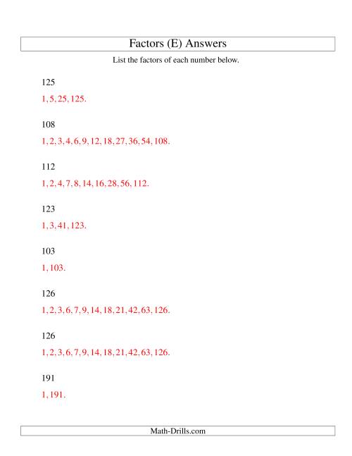 The Finding All Factors of a Number (range 100 to 200) (E) Math Worksheet Page 2