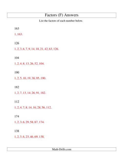 The Finding All Factors of a Number (range 100 to 200) (F) Math Worksheet Page 2