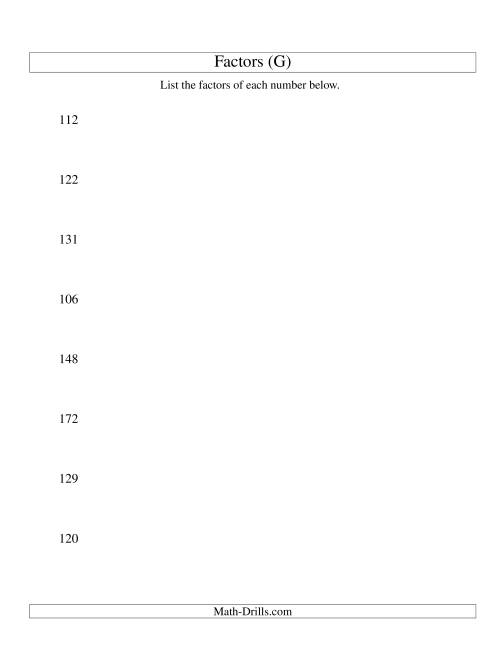 The Finding All Factors of a Number (range 100 to 200) (G) Math Worksheet