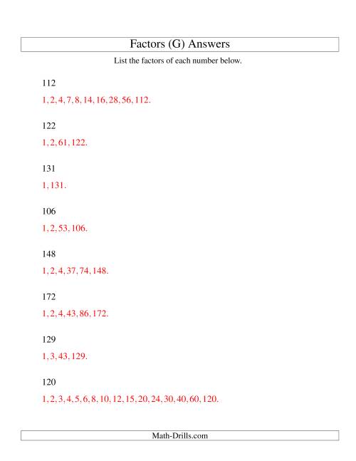 The Finding All Factors of a Number (range 100 to 200) (G) Math Worksheet Page 2