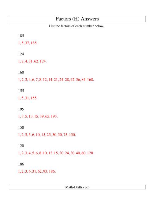 The Finding All Factors of a Number (range 100 to 200) (H) Math Worksheet Page 2