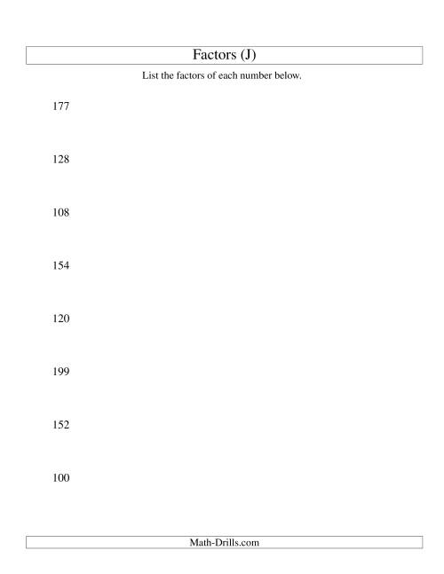 The Finding All Factors of a Number (range 100 to 200) (J) Math Worksheet