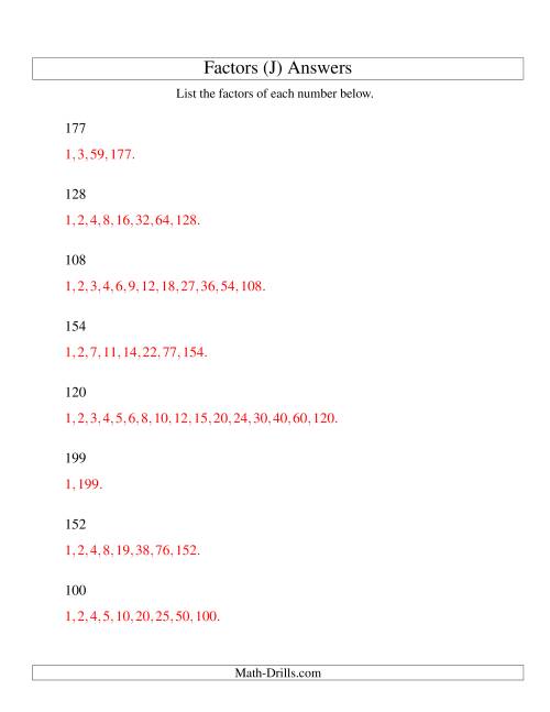 The Finding All Factors of a Number (range 100 to 200) (J) Math Worksheet Page 2