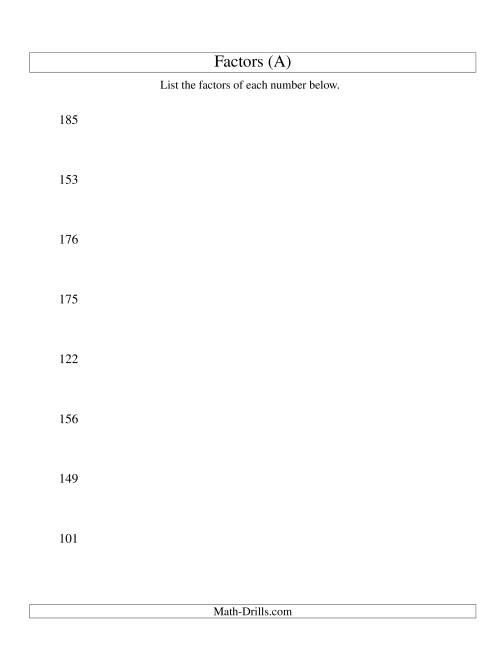 The Finding All Factors of a Number (range 100 to 200) (All) Math Worksheet