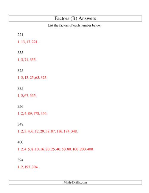 The Finding All Factors of a Number (range 200 to 400) (B) Math Worksheet Page 2
