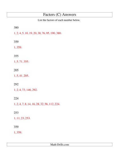 The Finding All Factors of a Number (range 200 to 400) (C) Math Worksheet Page 2