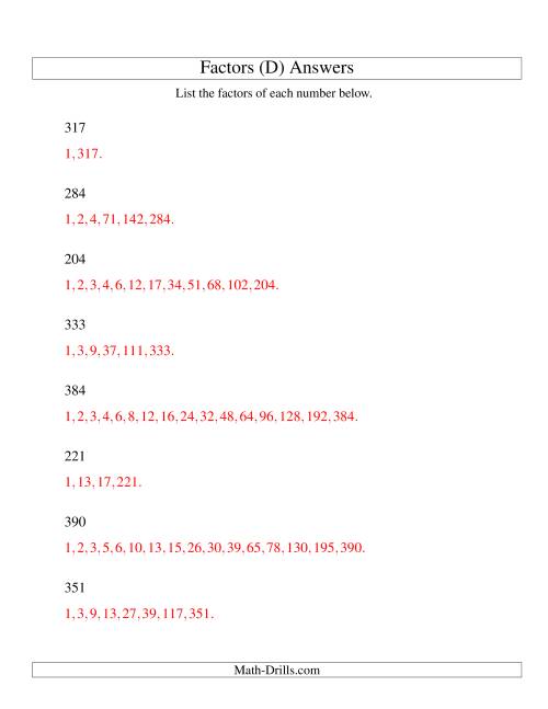 The Finding All Factors of a Number (range 200 to 400) (D) Math Worksheet Page 2