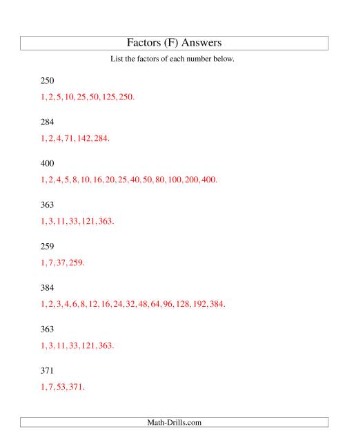 The Finding All Factors of a Number (range 200 to 400) (F) Math Worksheet Page 2