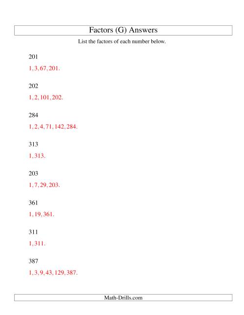 The Finding All Factors of a Number (range 200 to 400) (G) Math Worksheet Page 2