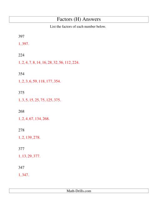 The Finding All Factors of a Number (range 200 to 400) (H) Math Worksheet Page 2