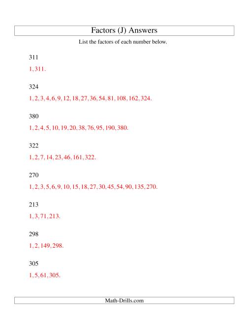 The Finding All Factors of a Number (range 200 to 400) (J) Math Worksheet Page 2