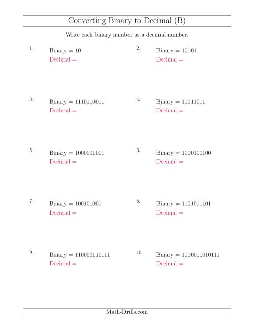 The Converting Binary Numbers to Decimal Numbers (B) Math Worksheet