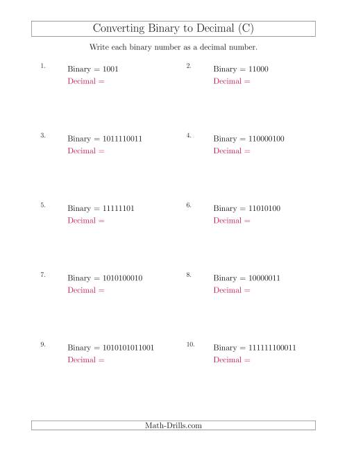 The Converting Binary Numbers to Decimal Numbers (C) Math Worksheet
