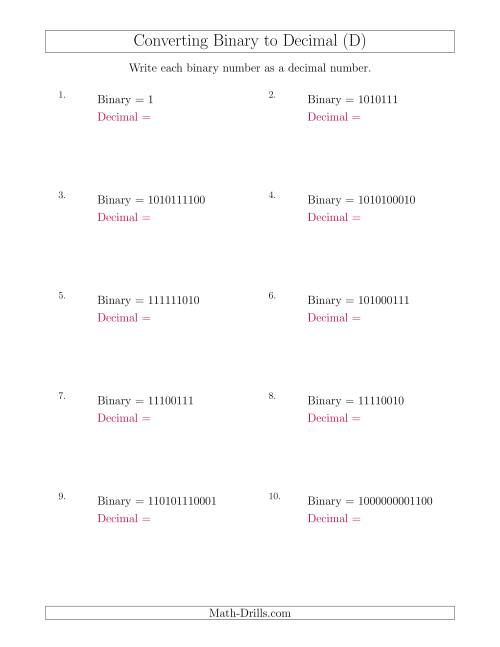 The Converting Binary Numbers to Decimal Numbers (D) Math Worksheet