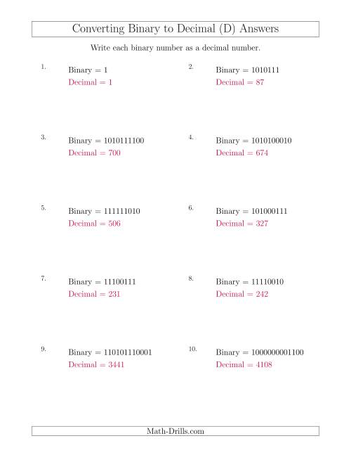 The Converting Binary Numbers to Decimal Numbers (D) Math Worksheet Page 2