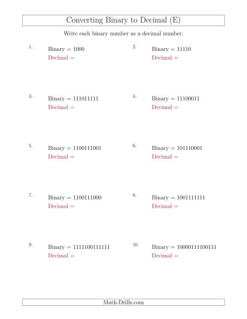 The Converting Binary Numbers to Decimal Numbers (E) Math Worksheet