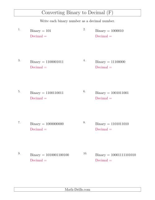 The Converting Binary Numbers to Decimal Numbers (F) Math Worksheet