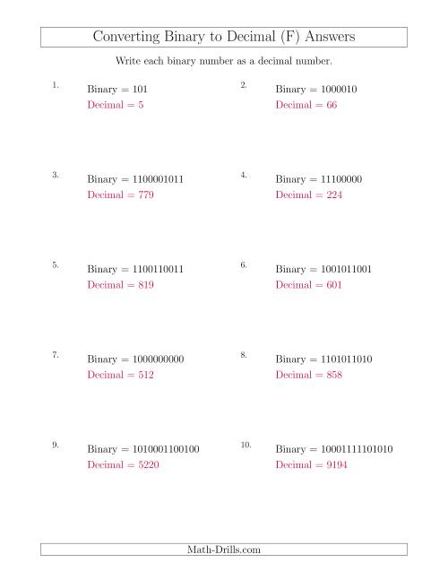 The Converting Binary Numbers to Decimal Numbers (F) Math Worksheet Page 2