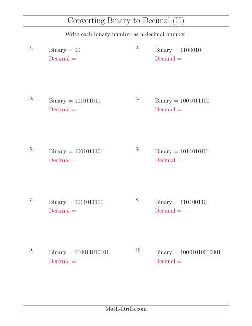 The Converting Binary Numbers to Decimal Numbers (H) Math Worksheet