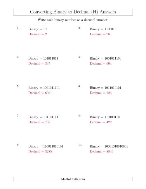 The Converting Binary Numbers to Decimal Numbers (H) Math Worksheet Page 2