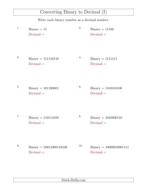 The Converting Binary Numbers to Decimal Numbers (I) Math Worksheet