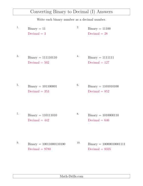 The Converting Binary Numbers to Decimal Numbers (I) Math Worksheet Page 2