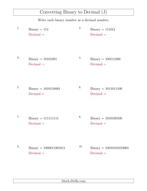 The Converting Binary Numbers to Decimal Numbers (J) Math Worksheet