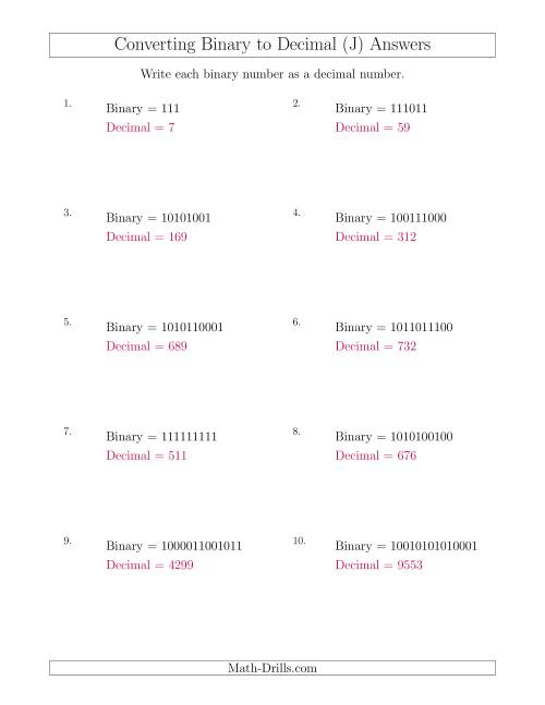 The Converting Binary Numbers to Decimal Numbers (J) Math Worksheet Page 2