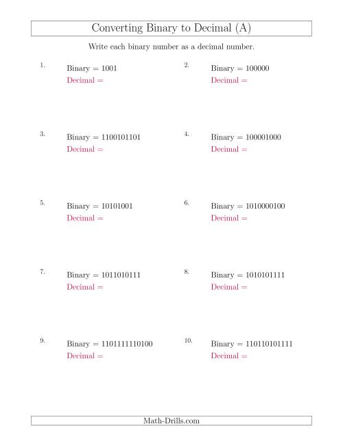 The Converting Binary Numbers to Decimal Numbers (All) Math Worksheet