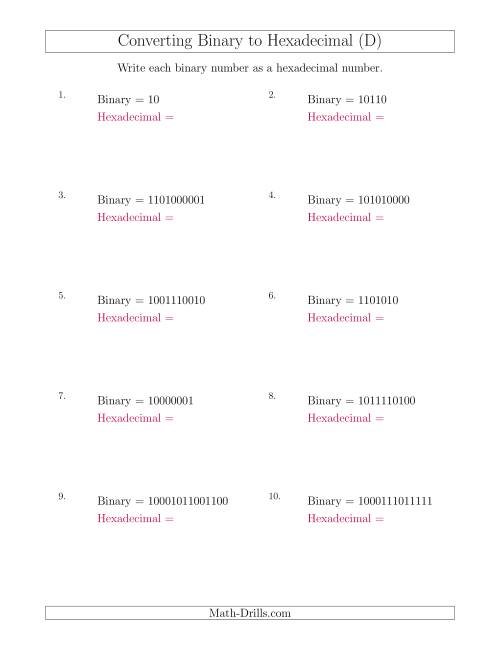 The Converting Binary Numbers to Hexadecimal Numbers (D) Math Worksheet