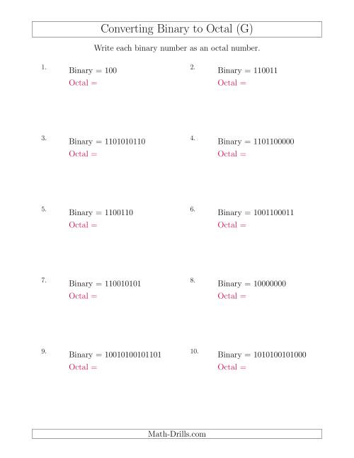 The Converting Binary Numbers to Octal Numbers (G) Math Worksheet