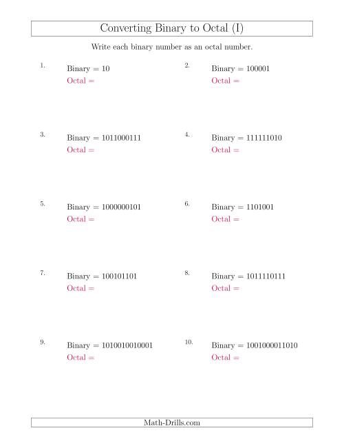 The Converting Binary Numbers to Octal Numbers (I) Math Worksheet