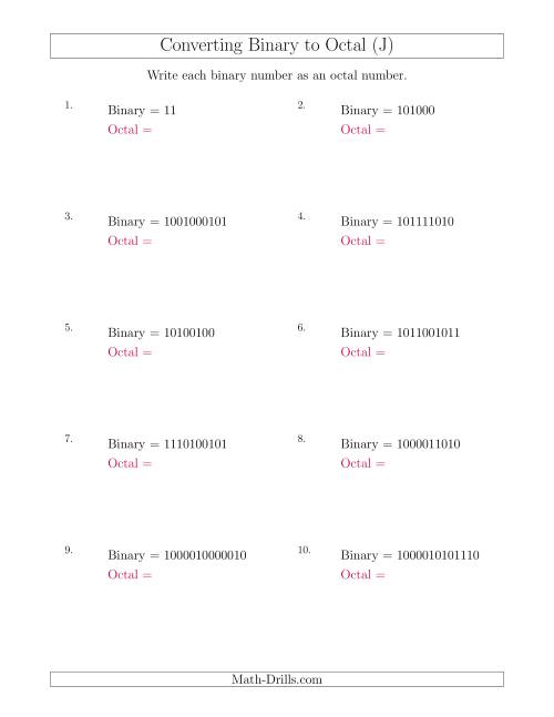 The Converting Binary Numbers to Octal Numbers (J) Math Worksheet