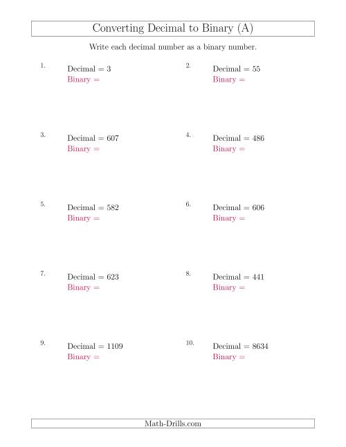 The Converting Decimal Numbers to Binary Numbers (A) Math Worksheet
