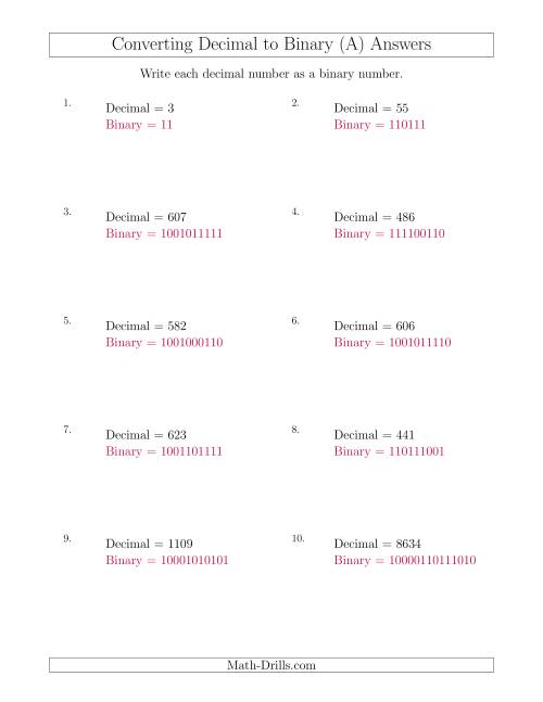 The Converting Decimal Numbers to Binary Numbers (A) Math Worksheet Page 2