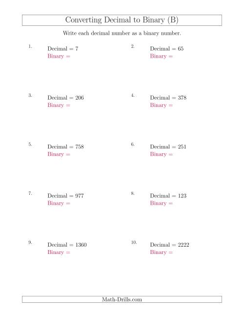 The Converting Decimal Numbers to Binary Numbers (B) Math Worksheet