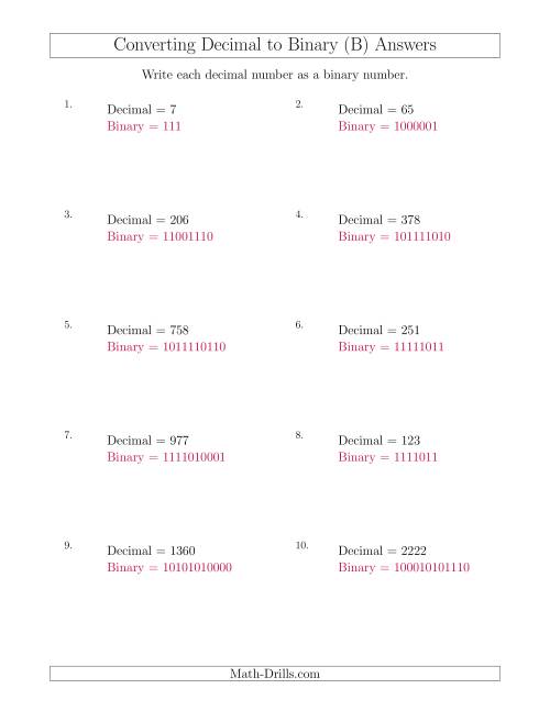 The Converting Decimal Numbers to Binary Numbers (B) Math Worksheet Page 2