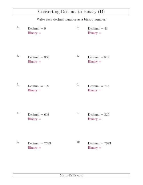 The Converting Decimal Numbers to Binary Numbers (D) Math Worksheet