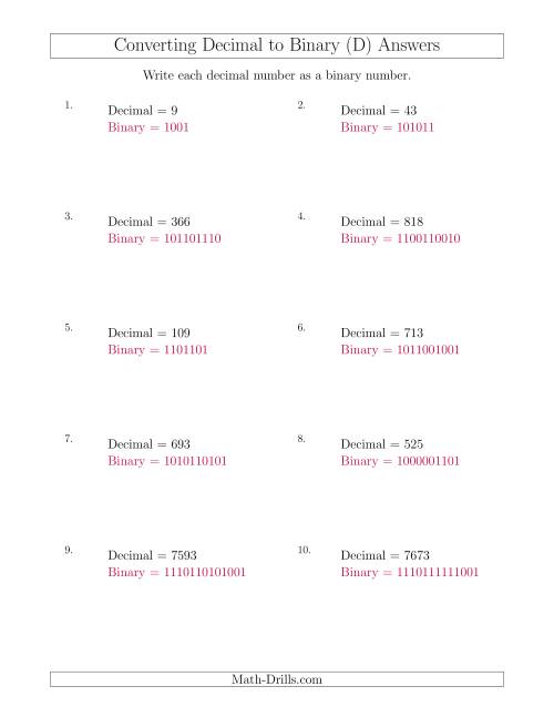 The Converting Decimal Numbers to Binary Numbers (D) Math Worksheet Page 2