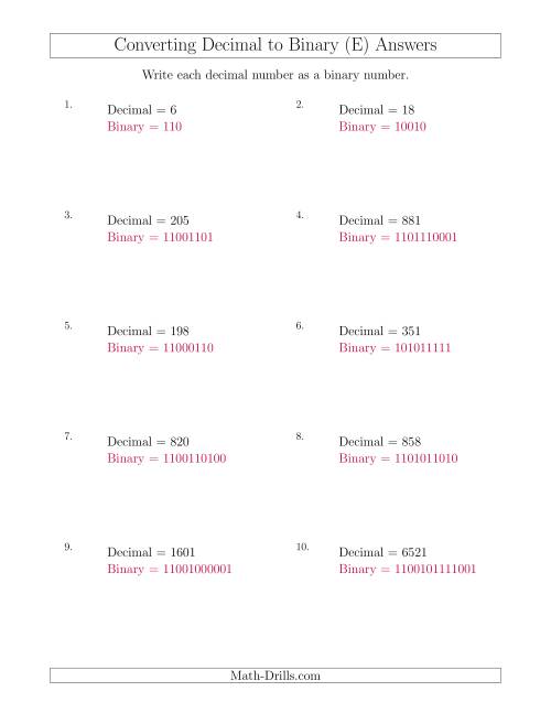 The Converting Decimal Numbers to Binary Numbers (E) Math Worksheet Page 2